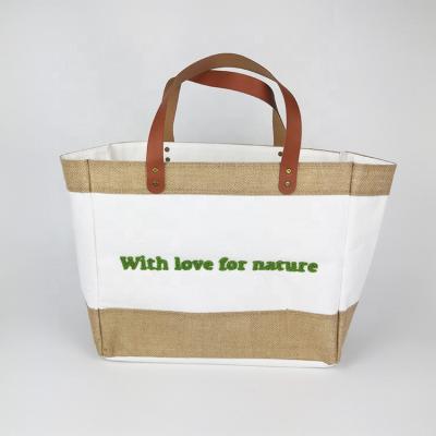 China Eco-friendly Custom Leather Portable Double Embroidery Jute Color Jute Shopping Tote Gift Bag DIY Art Craft for sale