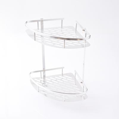 China Newest Modern Bathroom Adhesive Shower Suction Shelf Organizer Space Aluminum 2 Tier Silver Corner Shelf for sale