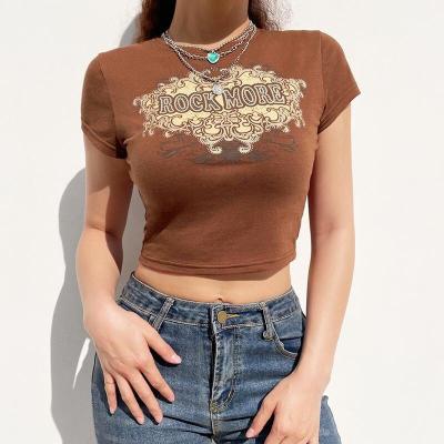 China Trendy Regular Slim Retro Graphic Print Ladies Spice Crop Ladies T-shirt Spice Crop Women's Short Top for sale