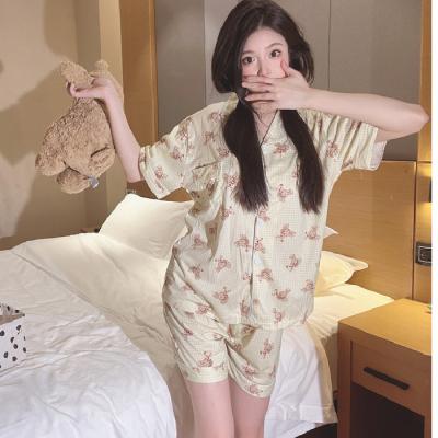 China Factory Breathable For Women's Korea Shorts Cartoon Home Silk Clothing Short-sleeved Cardigan Milk Pajamas The Beautiful for sale