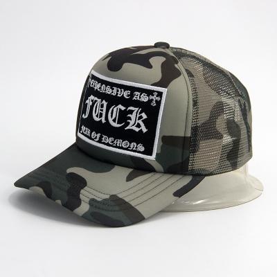 China Wholesale Custom COMMON Logo Fashionable Camo Gorras Trucker Hat Pre Curved Foam Mesh Brim Embroidery Trucker Cap for sale