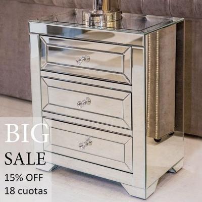 China Minimalist Classic Style Mirrored Nightstand Bedside Table Mirrored 3 Drawer Chest for sale