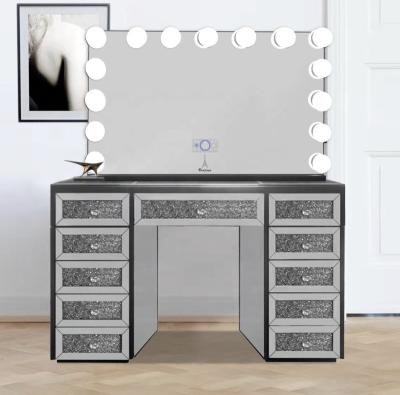 China Minimalist Crushed Faux Diamond Vanity Table Dressing Table With Table Top Hollywood LED Mirror Vanity Mirror for sale