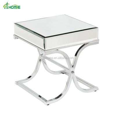 China CONSOLE TABLE Square Top Mirror Metal Cross Based Sofa Side Table for sale