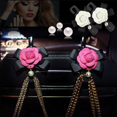 China 1pcs Portable Bags Auto Hanger Holder Organizer Headrest Mount Storage Hooks Clips Bead Camellia Flowers Car Seat Back Hook for sale