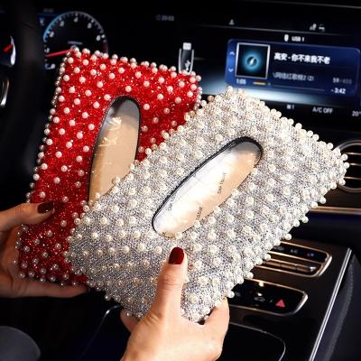 China Luxury Rectangular Decorative Towel Holder Office/Living Room/Hotel/Bedroom/Car PU Leather Bling Pearl Crystal Tissue Box Cover For Car Decoration for sale