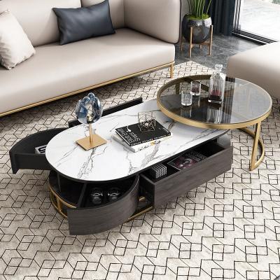 China Modern Sectional Storage Drawers Tables Living Room Furniture Marbling Glass Center Coffee Table for sale