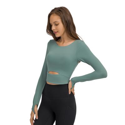 China 2021 Autumn Fitness Antibacterial Open Tummy Running Shirts Quick Dry Round Collar Sport Tops Long Sleeves Yoga Shirts for sale