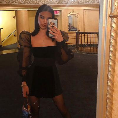 China New arrival breathable square neck transparent long sleeve knit sexy vestidos de verano bodycon dresses for women for sale