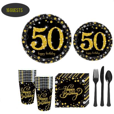 China Decoraive Guests Black Gold 16 / Pink 50th Birthday Party Supplies Favors 50th Birthday Tableware Set Paper Plates Disposable Napkins Cups for sale