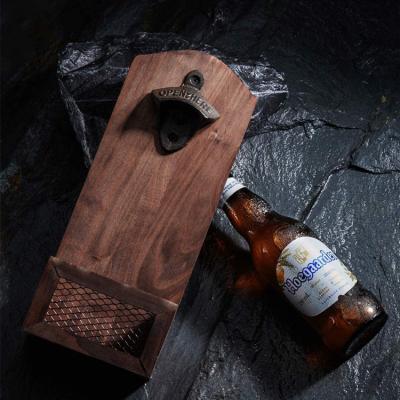 China Wall Mounted Kitchen Bar Accessories Vintage Wooden Bottle Opener With Cap Catcher For Beer Lovers Mens for sale