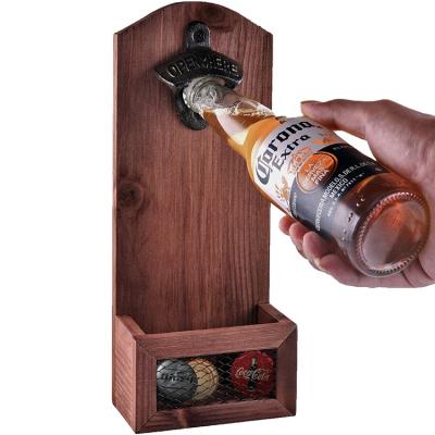 China Fashion Sustainable Popular Wall Mount Beer Wooden Bottle Opener With Cap Catcher for sale