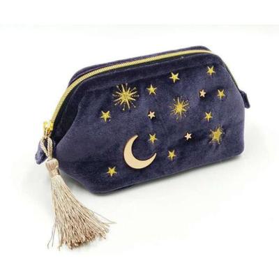 China 2021 Fashion Super-Make Up Bag, Embroidery Moon And Star Navy Velvet Cosmetic Clutch Bag, With Tassel for sale