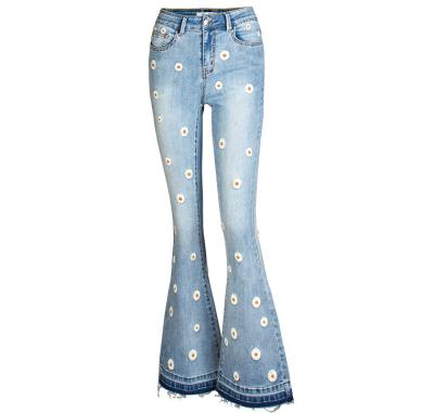 China 2022 Ebay Amazon American European Ladies Jeans Breathable Wide Leg Women Fashion Pants Embroidered Trumpet Daisy Female Jeans for sale