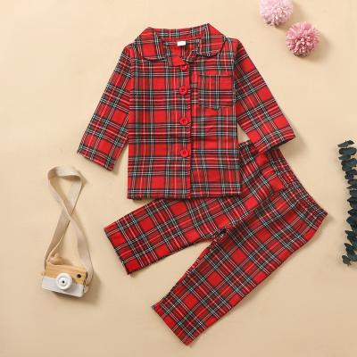 China Long Sleeve 100% Cotton Baby Sleepwear Breathable Grid Plaid Knitted Pajama Suit for sale