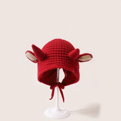 China Korean Cute Baby Hat Autumn And Winter New Breathable Ox Horn Ear Knitted Hat for sale