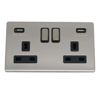 China Energy Saving UK Type 13A Double Stainless USB Wall Switched Socket for sale