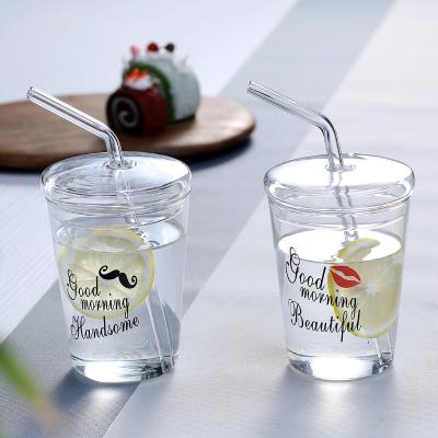 China Food Grade Viable Custom Free Logo Glass Cup Set With Glass Straws Fashion Couple Cups for sale