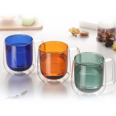 China High Quality Viable Double Wall Drinks Cup Borosilicate Glass Mug With Color Handle Double Glass Coffee Mug for sale