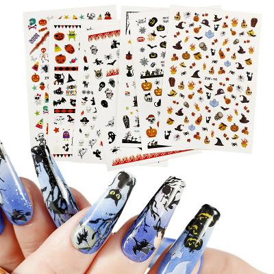 China New Plastic Water Transfer Nail Pumpkin Lamp Skull Maple Leaf Nail Sticker Halloween Nail Art Sticker Accessories 3D for sale