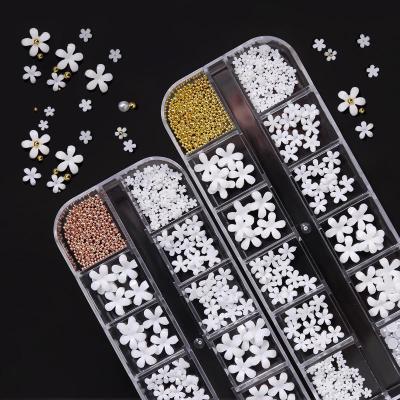 China Nail Art DIY 12 Grids Flower Pearl Glitter Nail Charms Supplies White Flower Steel Ball Design Mix DIY Stainless Acrylic Nail Art for sale