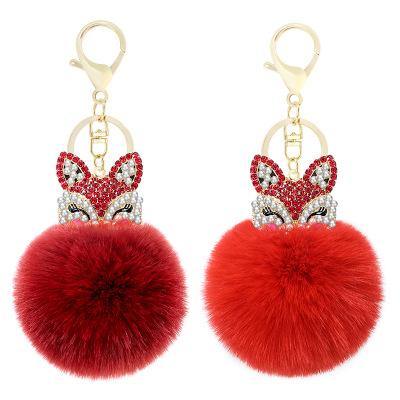 China Easy Fashion Bags Key Chain Accessories Diamond Fox Head Pom Pom Furball Alloy Plush Toys for sale