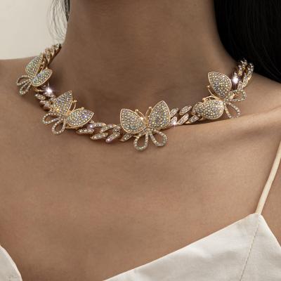 China Hot Selling Diamond Butterfly Cuban Link Necklace Women Hiphop Big Necklace Multilayer Hip-Hop Hot Sale for sale