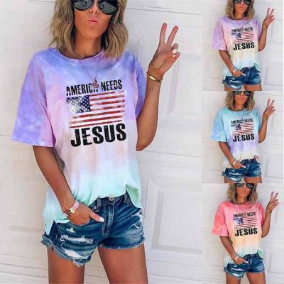 China Wholesale High Quality Anti-wrinkle Flower Tie Dye Short Collar Women's 3d Print American Flag O Sleeve T-shirts Digital Shirts For Women for sale