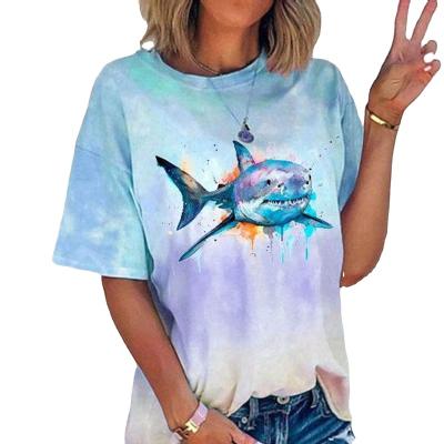 China New Digital Print Little Shark Shirt Women's Anti-Wrinkle Rainbow Anti-Wrinkle Round Neck T-shirt Tie Dyed Short Sleeve T-shirt for sale