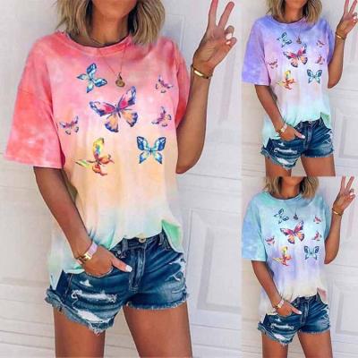 China wholesale Anti-wrinkle European and American fashion tie-dye Digital printing butterfly T-shirt round neck T-shirt short sleeve women for sale