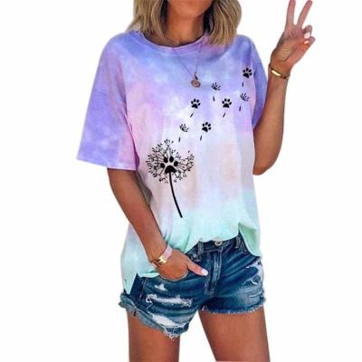 China New Anti-wrinkle Summer Digital Tied Dyed Dandelion Printing Short-sleeve Leisure Round Collar T-shirt Women for sale