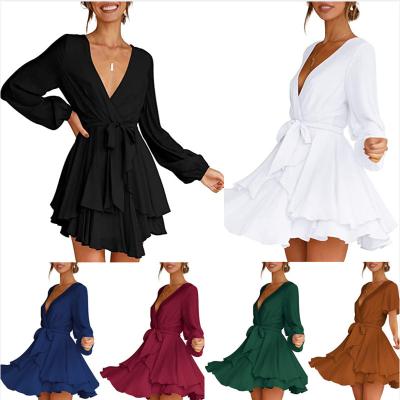 China Anti-Wrinkle Women's Dress Women's Deep V Neck Sleeve Waist Tie Ruffle Mini Swing Skater Dresses Long for sale