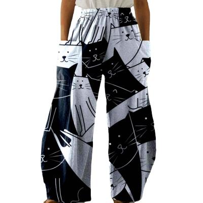 China 2022 Spring New Women's Anti-pilling Leisure Pants Polyester Cotton Printed Elastic Waist Home Wide Leg Pants for sale