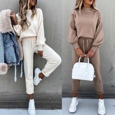 China 2021 Viable Sweater Women's High-Collar Amazon Suits Solid Color Pants Pocket Two-Piece Set for sale