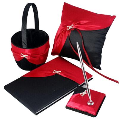 China Cloth/red+black flower basket+ring pillow+guest book+pen wedding decoration place set for sale