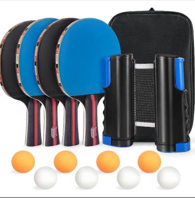 China Professional Wooden Ping Pong Bat Wooden Table Tennis Racket+Rubber+Sponge Ping Pong Set 4player 4 Balls With Portable Net for sale