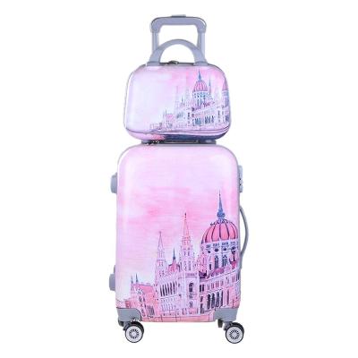 China Decorative Travel Bottom Lady Suitcase PC Material 2 Pieces Printing Luggage Set With 14inch Makeup Bag for sale