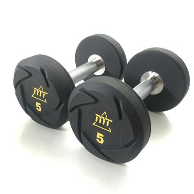 China High Quality Urethanes PU Windmill Dumbbell With Chrome Handle With Customized Logo for sale