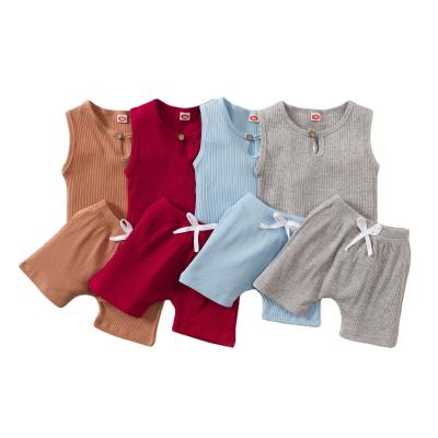 중국 Cotton Australia USA Summer Ribbed Knitted Kids Suits Outfits Sleeveless T-shirts With Strap Shorts Ribbed Cotton Kids Clothing Sets For 1-7 Years 판매용