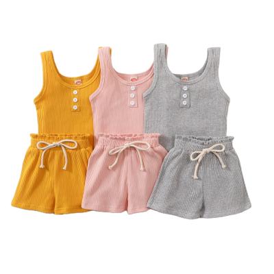 China Cotton Australia USA Summer Ribbed Knitted Kids Girls Outfits Sleeveless T-Shirts With Strap Shorts Ribbed Cotton Kids Clothing Sets For 1-7 Years for sale