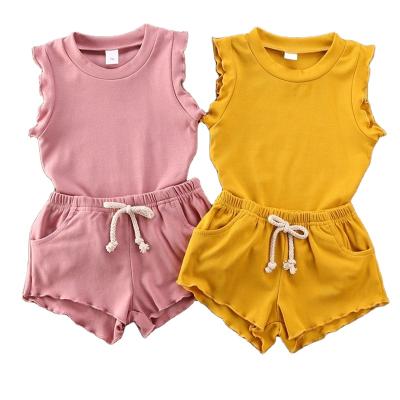 중국 Ribbed Knitted Cotton Csi USA Summer Kids Girls Teams Ruffles T-shirts Ties Shorts Cotton Kid Clothing Set For Baby Summer 판매용