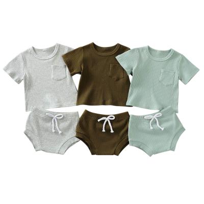 中国 Wholesale Anti-Shrink Baby Kids Boys Clothing Suits Short Sleeve Front Pockets Rib Outfits Toddler Summer Clothing Sets 販売のため