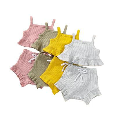 中国 Wholesale Anti Shrink Toddler Girls Fits Sleeveless Tees Beach Summer Strap Shorts Ribbed Cotton Babies Dress Sets 販売のため