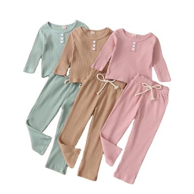 China Wholesale Cheap Knitted Ribbed Cotton Kids Boys Pajamas Fine Rib Cotton Outfits Girls Spring Autumn Children Girls Suits for sale