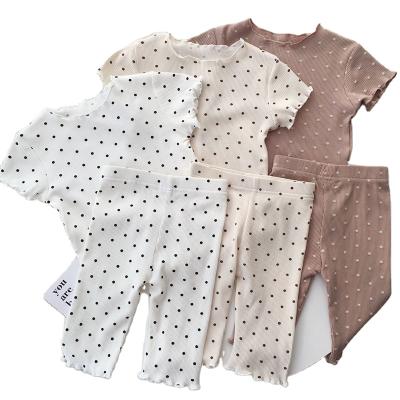 China Wholesale Cheap Knitted Pajamas Girls Summer Dot Rib Cotton Outfits Girls Spring Polka Dot Cotton Girls Sleepwear for sale