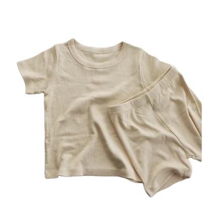 China Super Soft US INS Kids Korean Single Girls Teams Short Sleeve Plain RIb Organic Cotton Boys Kids Clothing Set Summer for sale