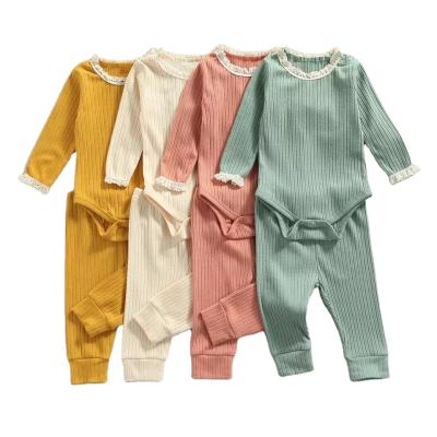 China Anti-Shrink USA Sets Kids Clothing Girls Long Sleeve Baby Rompers Knitted Pants Girls Autumn Lace Collar Infant Rib Clothing Sets for sale