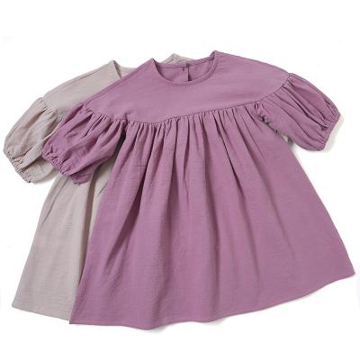 China Anti-Wrinkle Korean Statistical Australia Kids Girls Dresses Autumn Puff Sleeve Solid Muslin Cotton Organic Canvas Dress for Kids Girls for sale