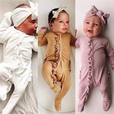 China 100% Organic Cotton Statistical Australia Korean Newborn Rompers With Headbands Long Sleeve Autumn Ruffles Front Buttons Solid Baby Footies For 0-12Months for sale