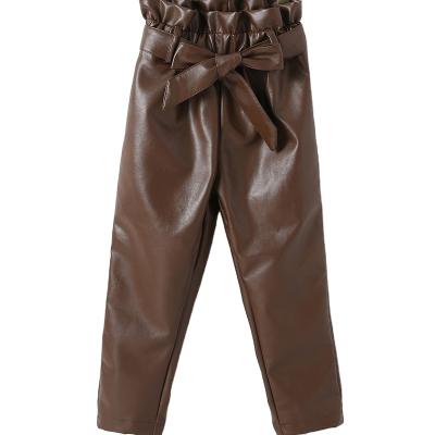 China Australia USA Kids Girls PU Pants Waterproof Bow 3 Belt Princess Solid Leather Pants Kids Elastic Waist Straight Pants for sale